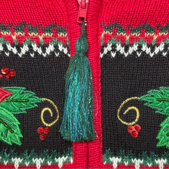 Tiara International Christmas Zip Front Cardigan Sweater-Red Poinsettia-Women S - Picture 5 of 7